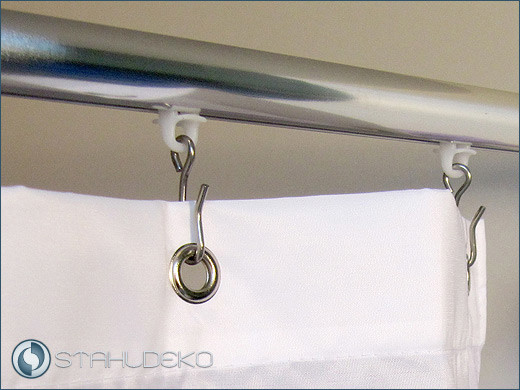 Slider with stainless steel hooks, for shower curtains or heavy drapes Slider with stainless steel hooks, for shower curtains or heavy drapes
