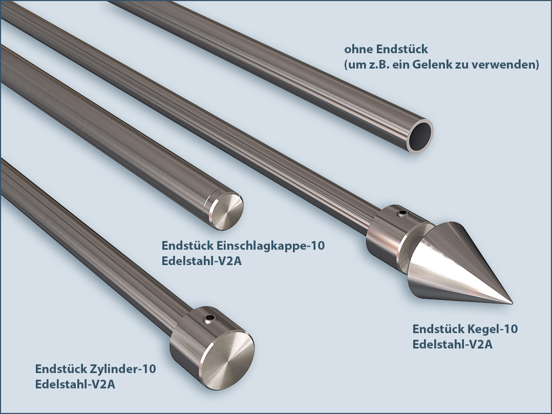 End pieces made of stainless steel for curtain rods with 10mm tubes