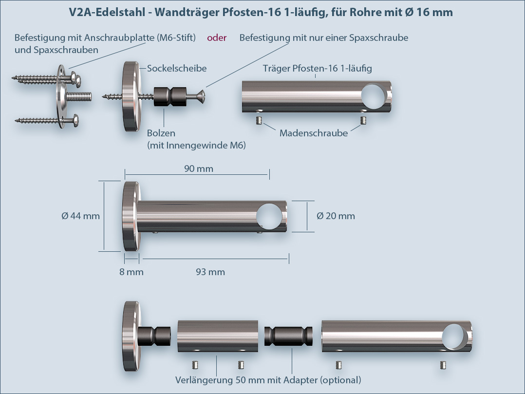 Installation instructions: Post 16 intermediate support, single-track for wall-to-wall curtain rods