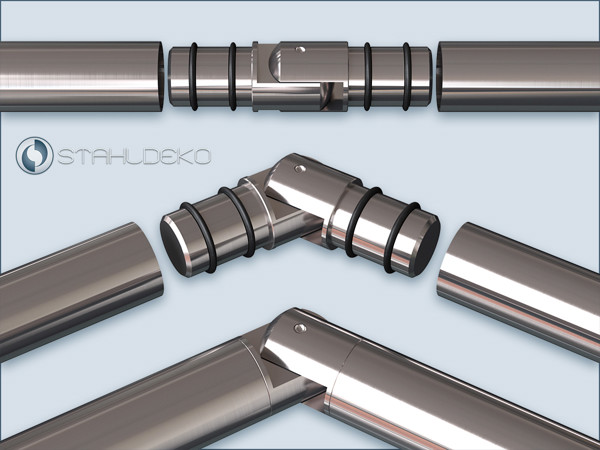 Bay window joint made of V2A stainless steel for pipe Ø 20mm. Angle from 75° to 285° Joint for pipes with 20mm diameter made of V2A stainless steel