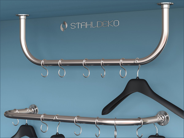 U-shaped stainless steel closet rod for wall or ceiling mounting. U-shaped stainless steel closet rod, mountable on wall or ceiling.