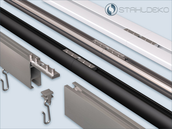 Aluminum track connector for internal glide profiles – various designs. Track connector for various aluminum internal glide profiles, available in stainless steel look, black, or white.