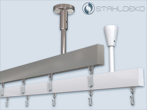 Edge curtain rod – ceiling-mounted, single-track, stainless and white versions Two single-track Edge curtain rods for ceiling mounting – stainless steel look and white finish