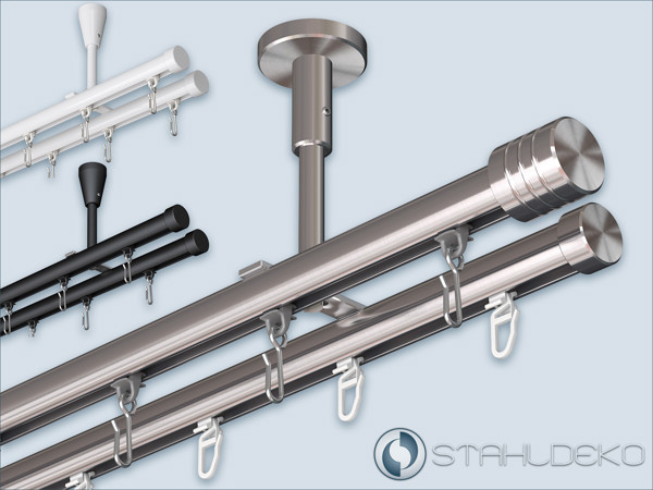 "Standard" 2-track ceiling-mounted curtain rod with internal glide system – stainless steel, white, or black "Standard" double-track curtain rod with internal gliders for ceiling mounting, available in stainless steel, white, or black