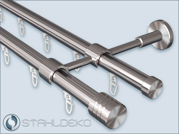 Design: first track with Wave end pieces, second track with stainless steel cap Double track curtain rod with internal track Top-20, wall attachment