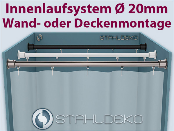 Shower curtain rod Ø 20mm, colors stainless steel or white, straight shower partition with inner running system Straight shower curtain rod with inner running system for shower and bathtub