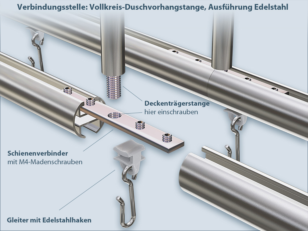 Connection point full circle shower curtain rod made of stainless steel