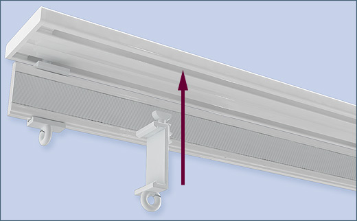 Assembling the panel carrier: first insert the panel clips into the curtain rail run