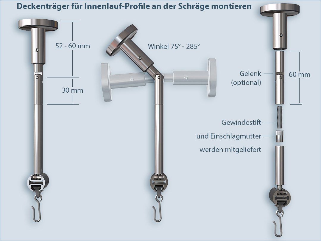 Fastening for sloping roofs: mount the inner rail of the shower curtain rod with the joint system on the sloping roof