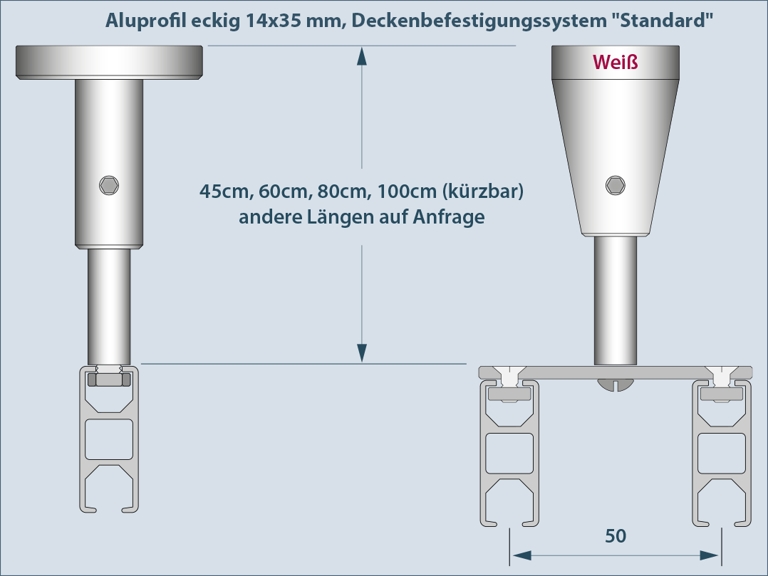 Very stable stainless steel ceiling support for square aluminum profiles