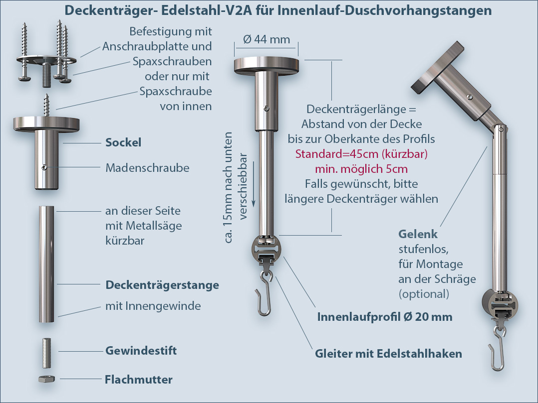 Ceiling bracket made of stainless steel for straight inner rail for shower curtain suitable for shower tray and bathtub