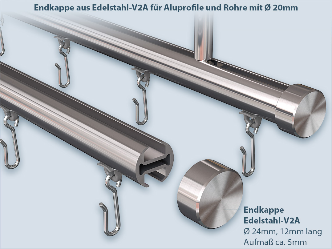 Quarter circle shower rail for shower tray with end piece made of stainless steel