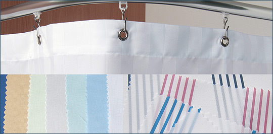 Shower curtains textile, white, red, green, blue. Widths 120, 180 or 240cm. Height 200cm