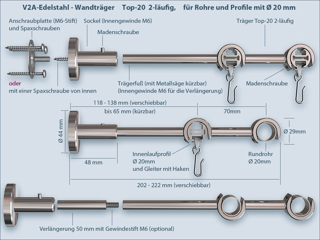 Inner track fastening system for mounting on the wall Top-20 2-track.