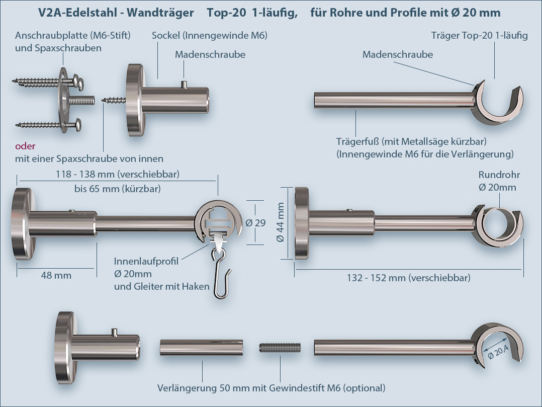 Inner track system for Top-20 curtain rods, single-track, for wall mounting