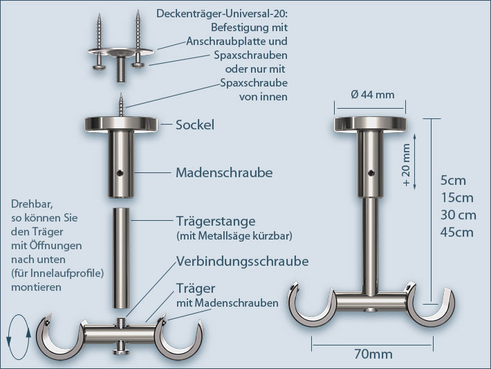 Ceiling mount for double curtain rods: System Universal-20