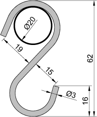 Stainless steel hook S-shape 20mm, dimensions