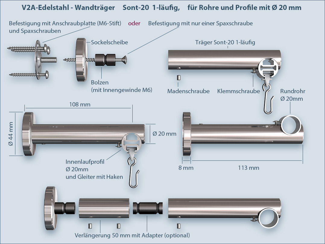 Inner track system for curtain rods Sont-20, 1 track, wall mounting