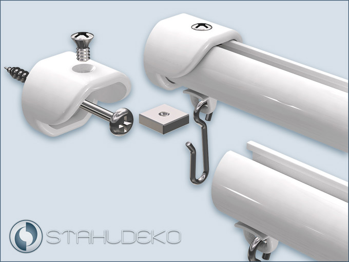 Support for wall mounting of inner rails Ø20mm,eg between two walls. Stable screw connection between bracket and rail. Plastic white glossy.