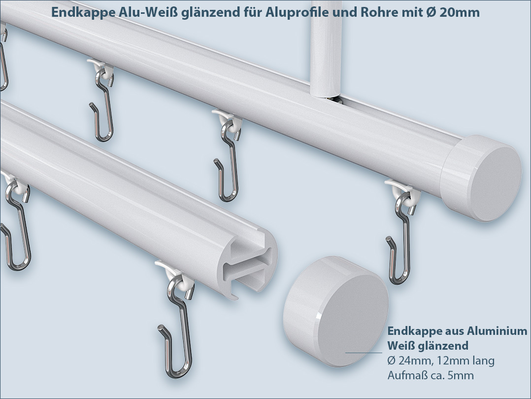 Glossy white aluminum end cap for shower curtain rod