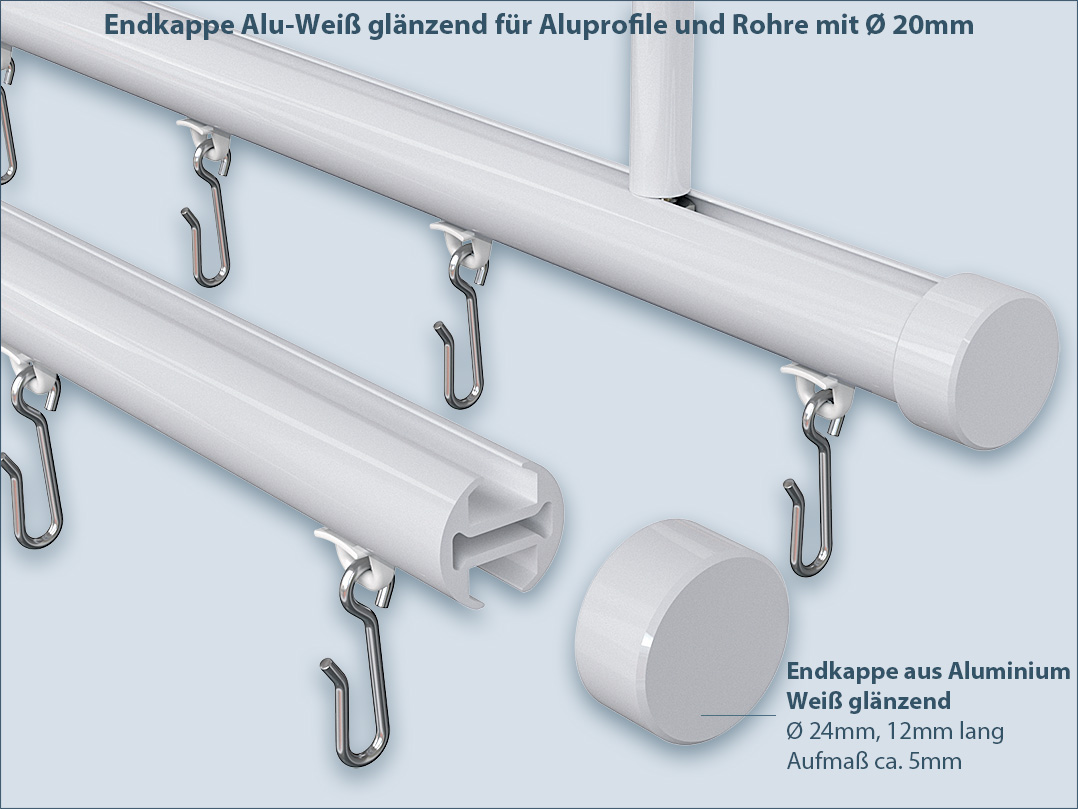 White interior shower curtain rail with closing caps, aluminum glossy white.