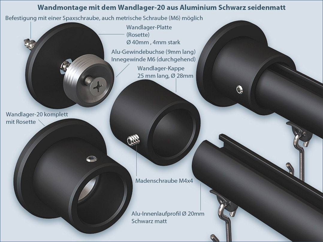 Shower rail U-shape, inner rail, matt black, wall mounting, handicapped-accessible shower