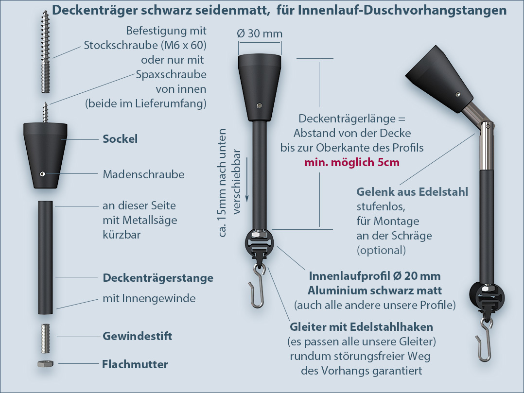 Black ceiling support system: attach inner run shower curtain rod to the ceiling