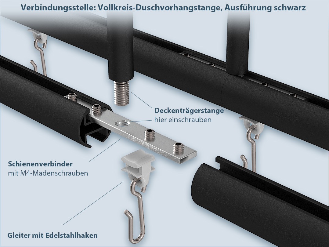 Ring shape black shower curtain rods, the ends are connected