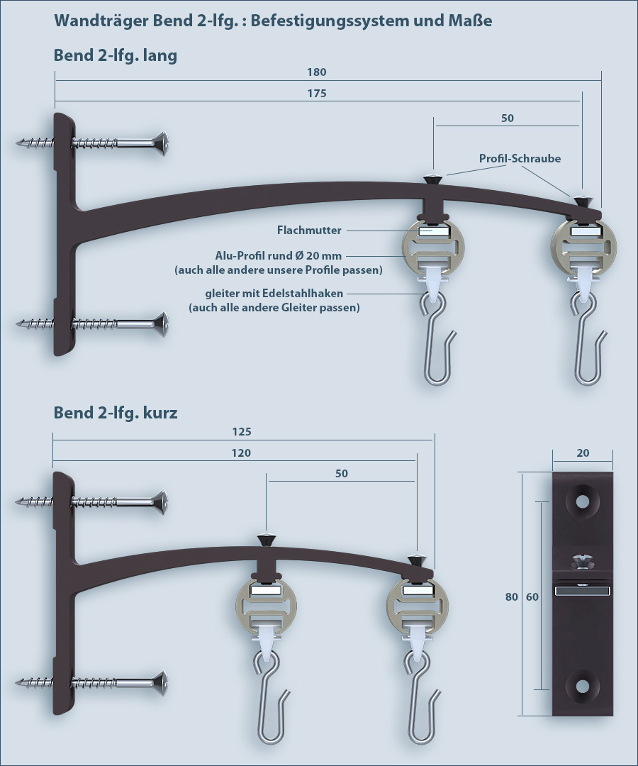 Curtain rod bend attachment wall mounting 2-track
