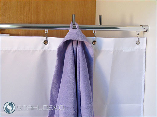 Hook for bathrobe and bath towel, for mounting on shower curtain rods