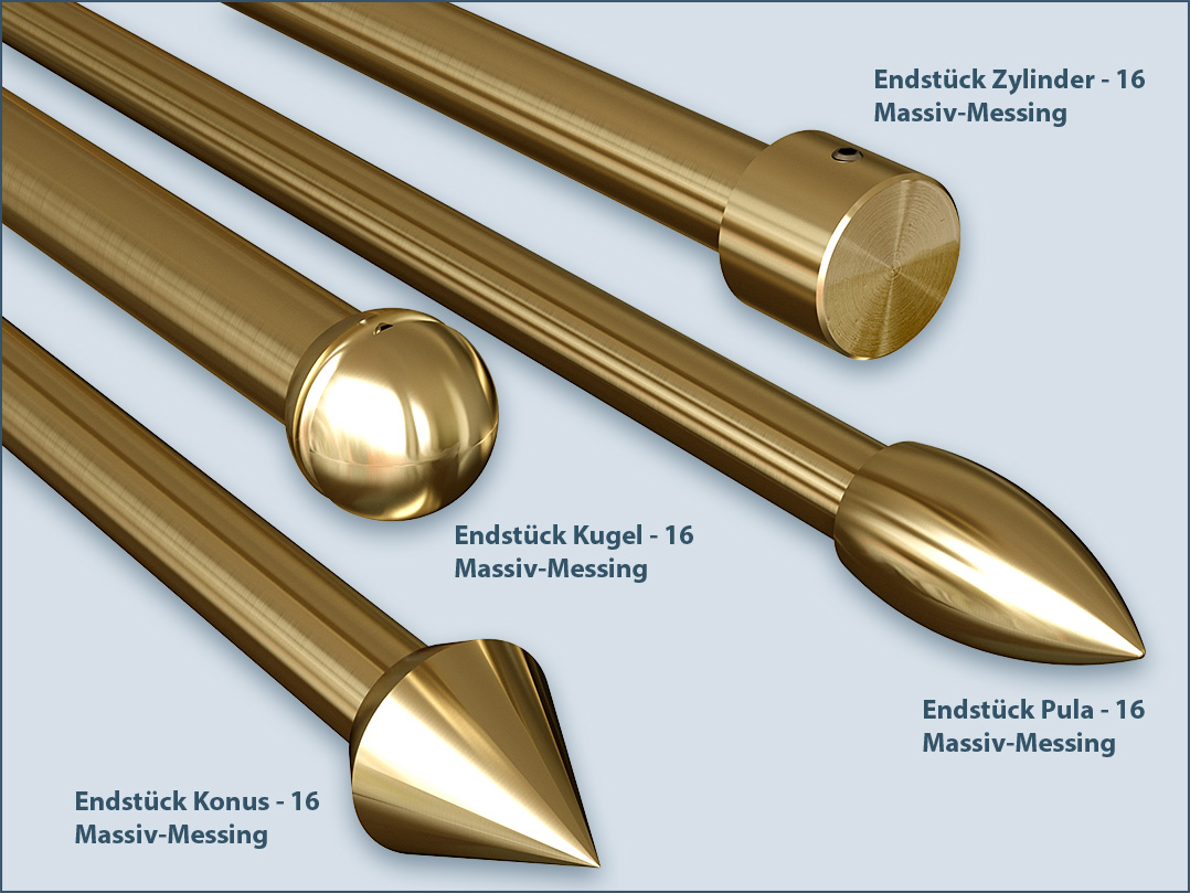 Brass end pieces for curtain rods with a diameter of 16mm