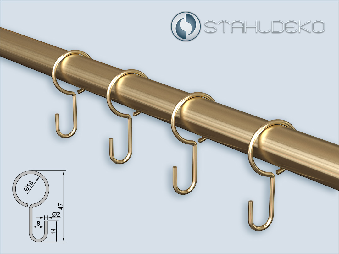 Order brass hooks made of steel, brass-plated, for kitchen railings with a tube diameter of 16 mm