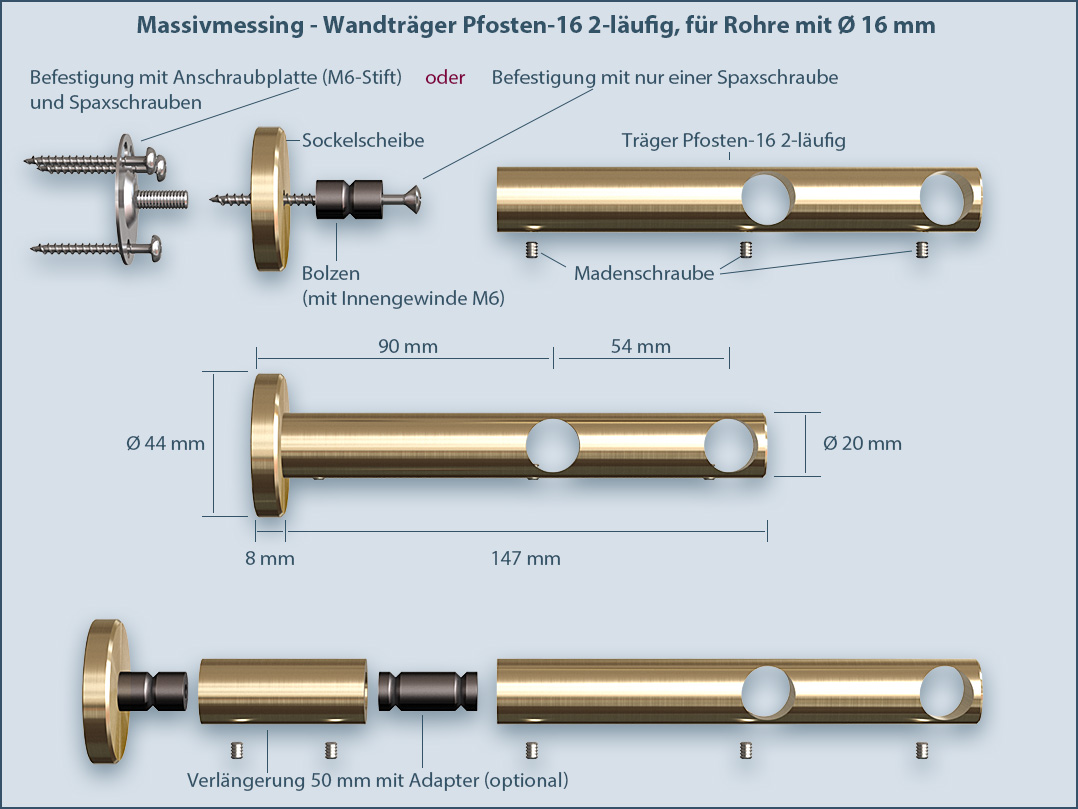 Brass curtain rod post 16 wall mounting system 2-track