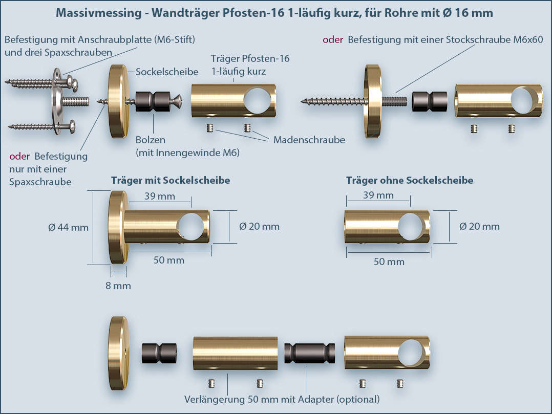 Curtain rod support made of solid brass, post 16, short, 1-track