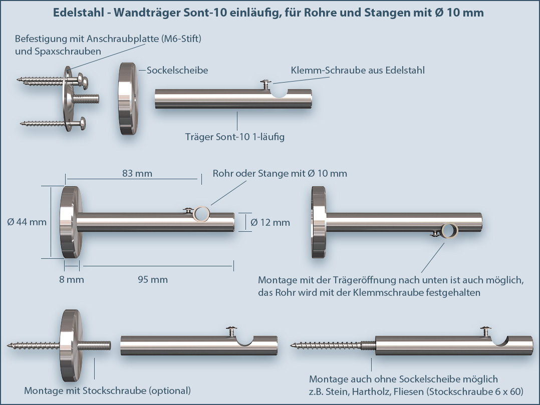 Curtain rod attachment to the wall System Sont-10 1-lfg. stainless steel