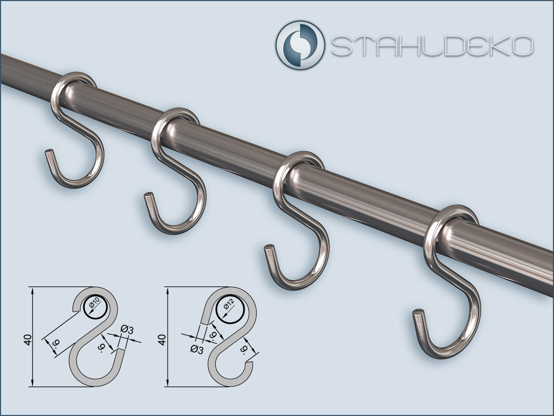 Hook S-shape for bars and tubes with 10mm and 12mm diameter, material stainless steel