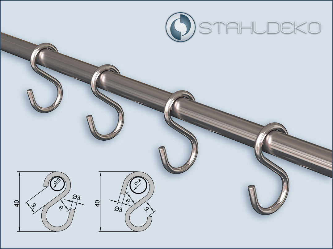 S-shaped stainless steel hook for 10 mm coat rack bars