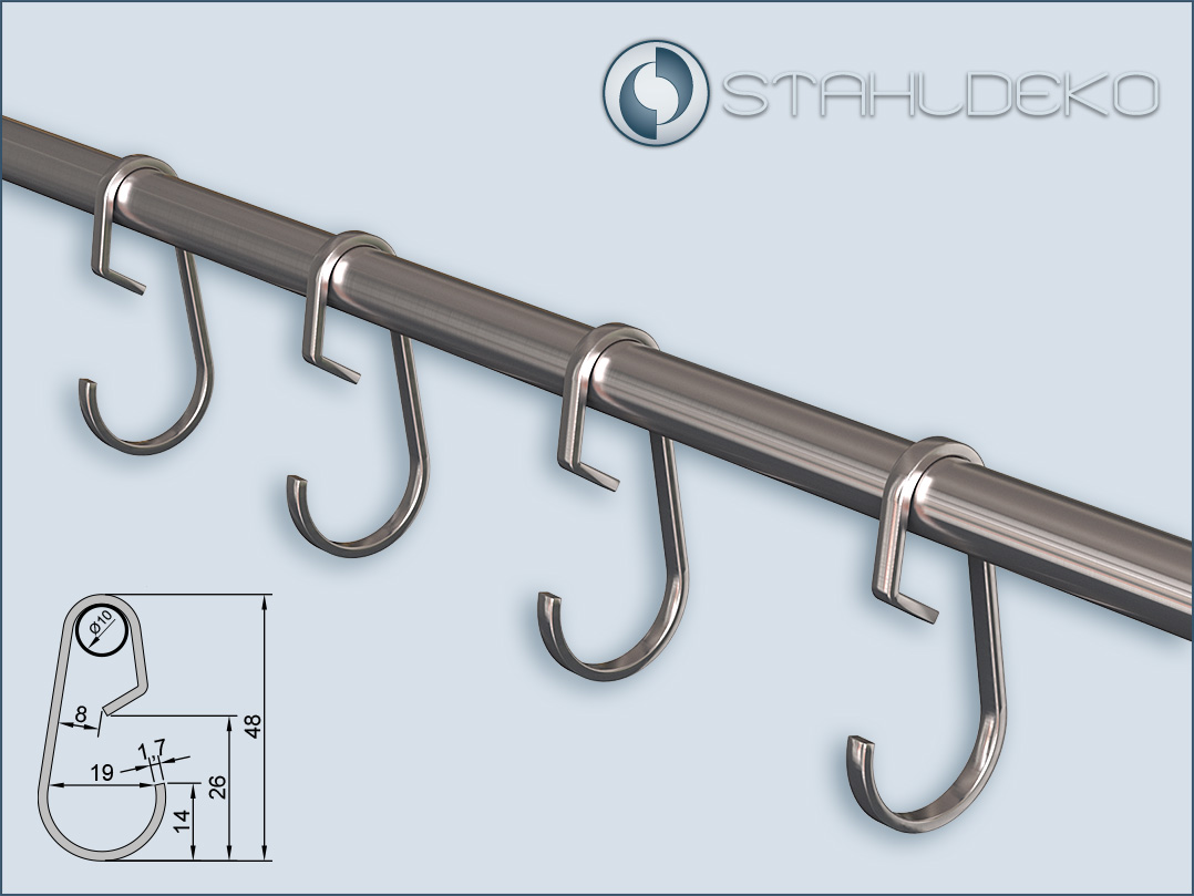 Flat steel hook for 10 mm diameter wall-mounted coat rack bars