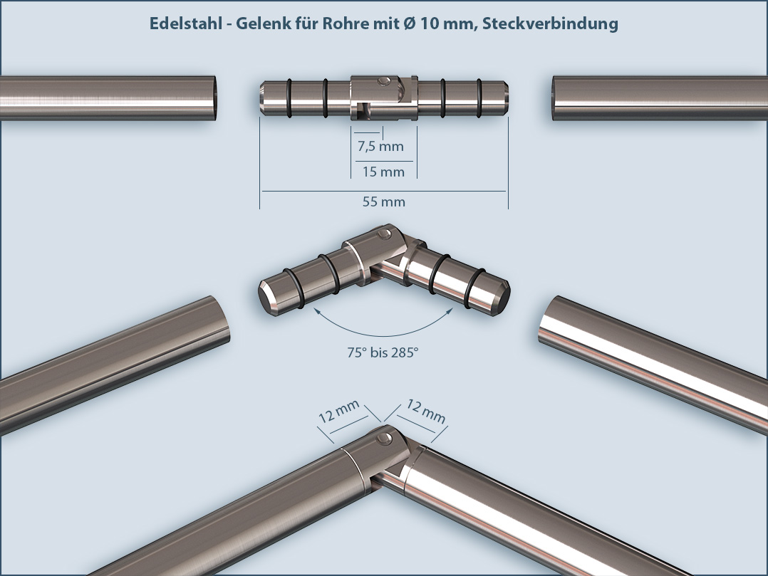 Bay window joint with the plug-in system for 10mm tubes to create a curved railing