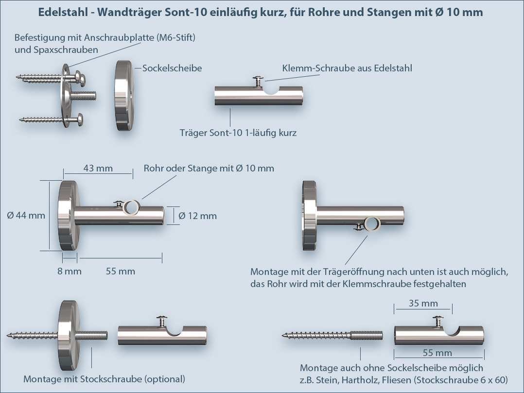 Wall bracket Sont-10 short for pipes and rods with 10mm diameter for bathrooms, kitchens and living areas