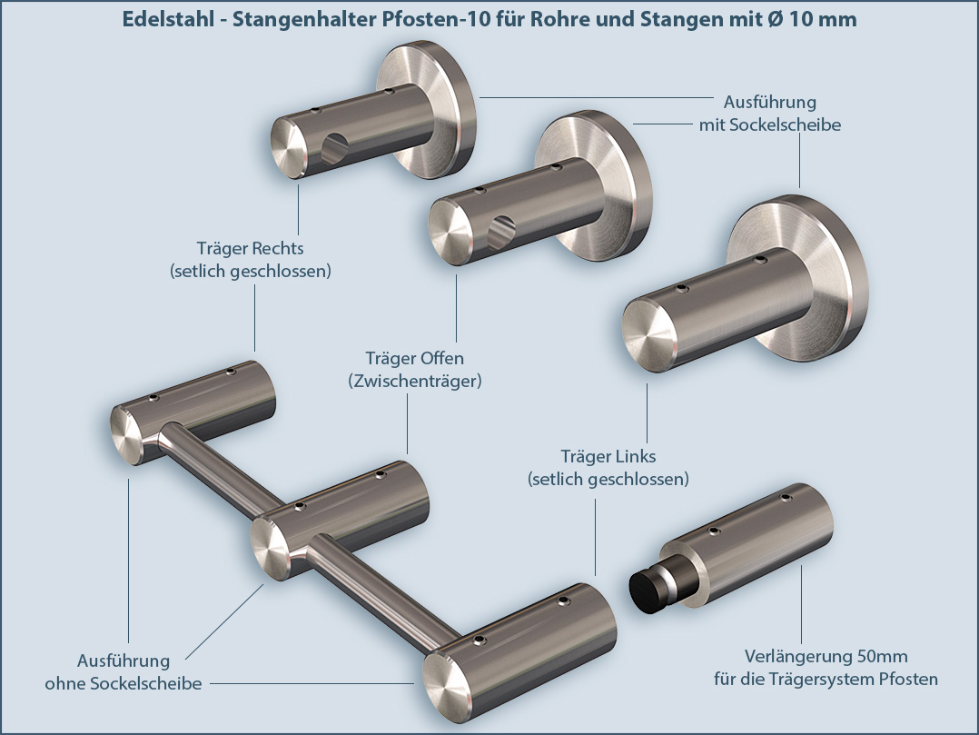 Support post 10 made of stainless steel V2A for tubes and rods with Ø10 mm, various designs