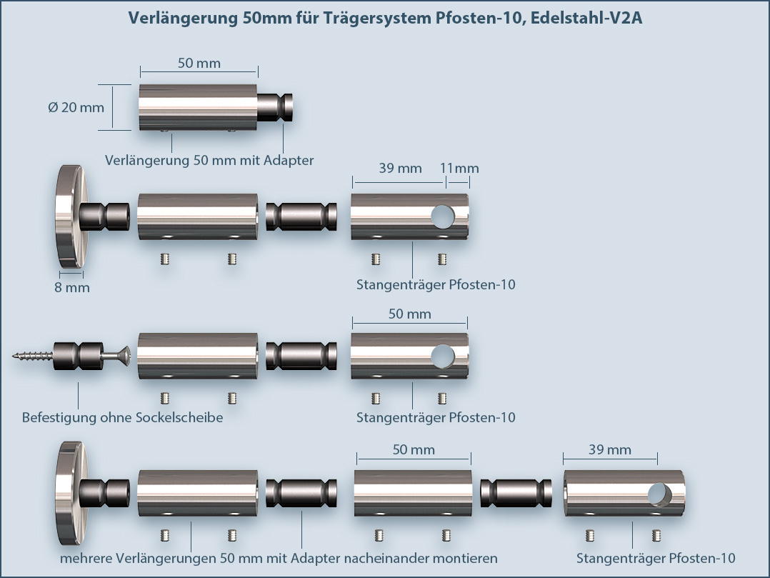 Fastening system: Stainless steel extension post (50mm) for wall support and ceiling support posts with 10mm tube diameter