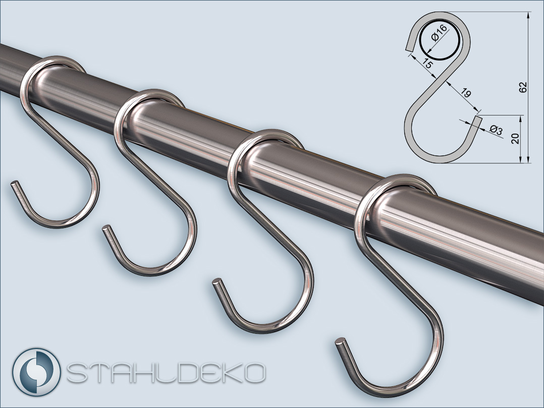 S-hook for rods and tubes with a diameter of 16mm, material stainless steel