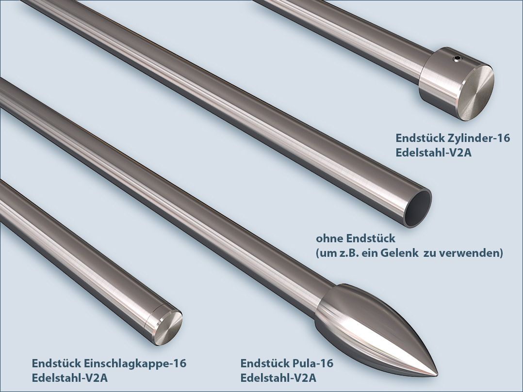 Various end pieces for rods and tubes with a diameter of 16mm