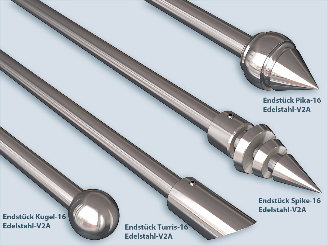 End pieces made of stainless steel for curtain rods with a diameter of 16mm