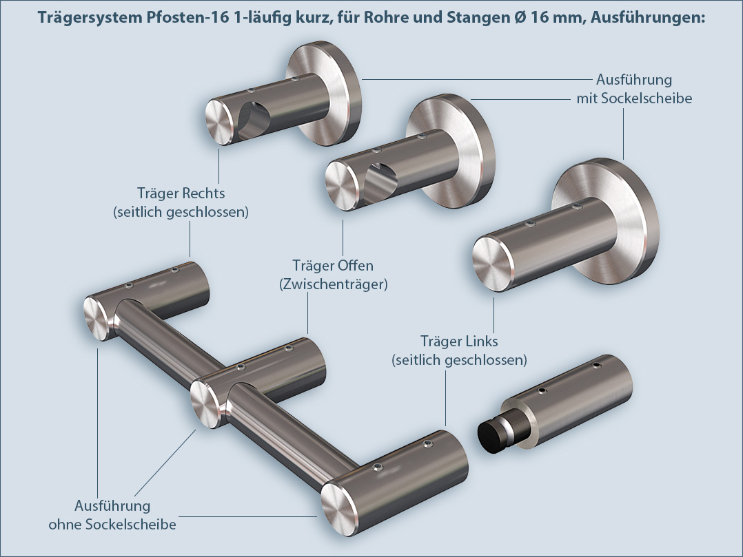 Post-16 railing carrier, short: carrier for tubes and rods with a diameter of 16 mm, various designs