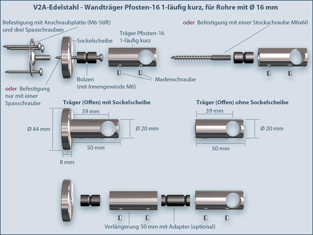 Fastening and assembly instructions: Railing carrier post 16 short