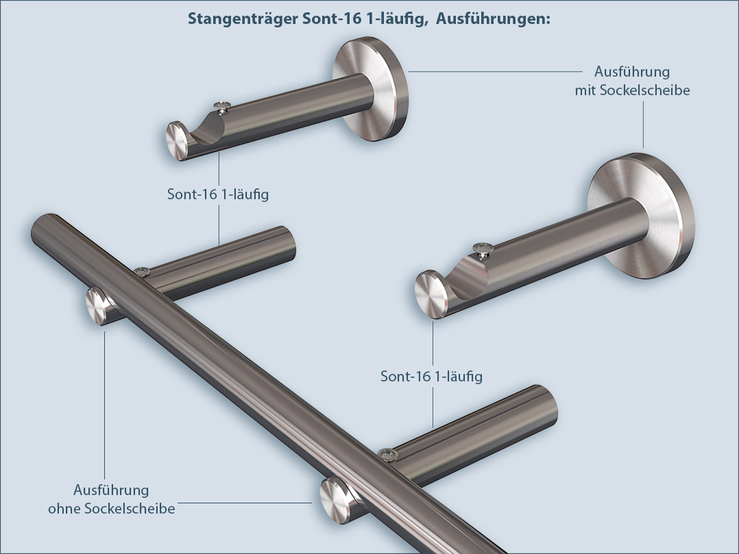 Rod holder tube holder sont-16 1-track for curtain rods and towel rails made of stainless steel