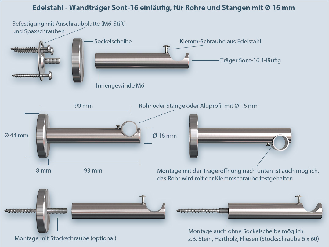 Fastening Instructions: Intermediate support sont-16 1-track for curtain rods and curtain rods made of stainless steel