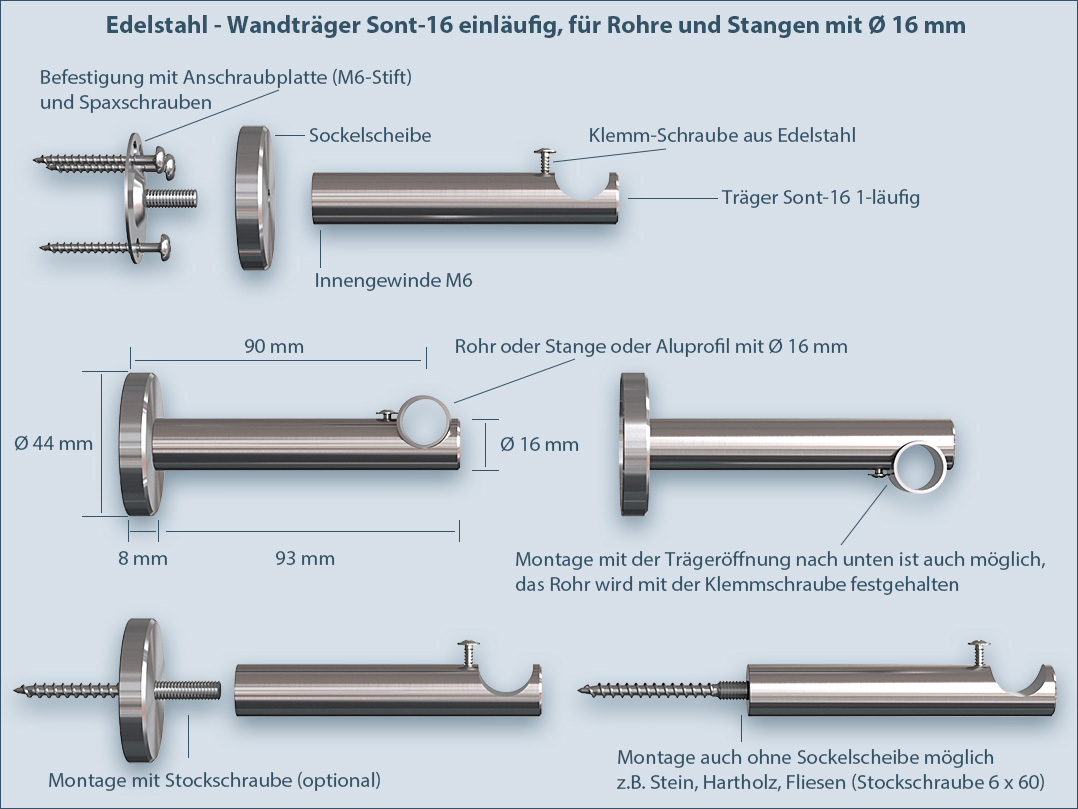 Fastening instructions rod bracket pipe bracket sont-16mm 1-track for curtain rods and drapery rods